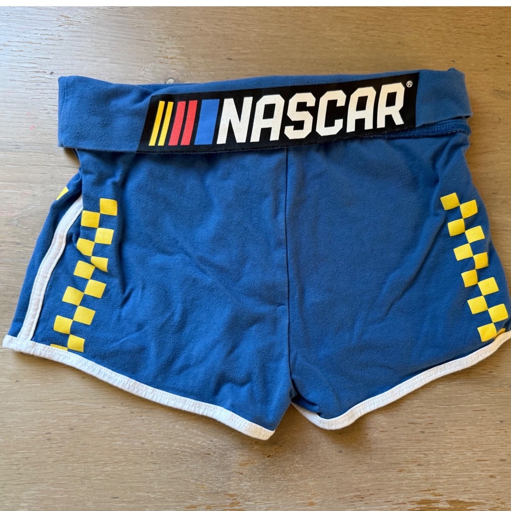 NASCAR Womens Blue Checkered Dolphin Booty Shorts Fold Over Waist S